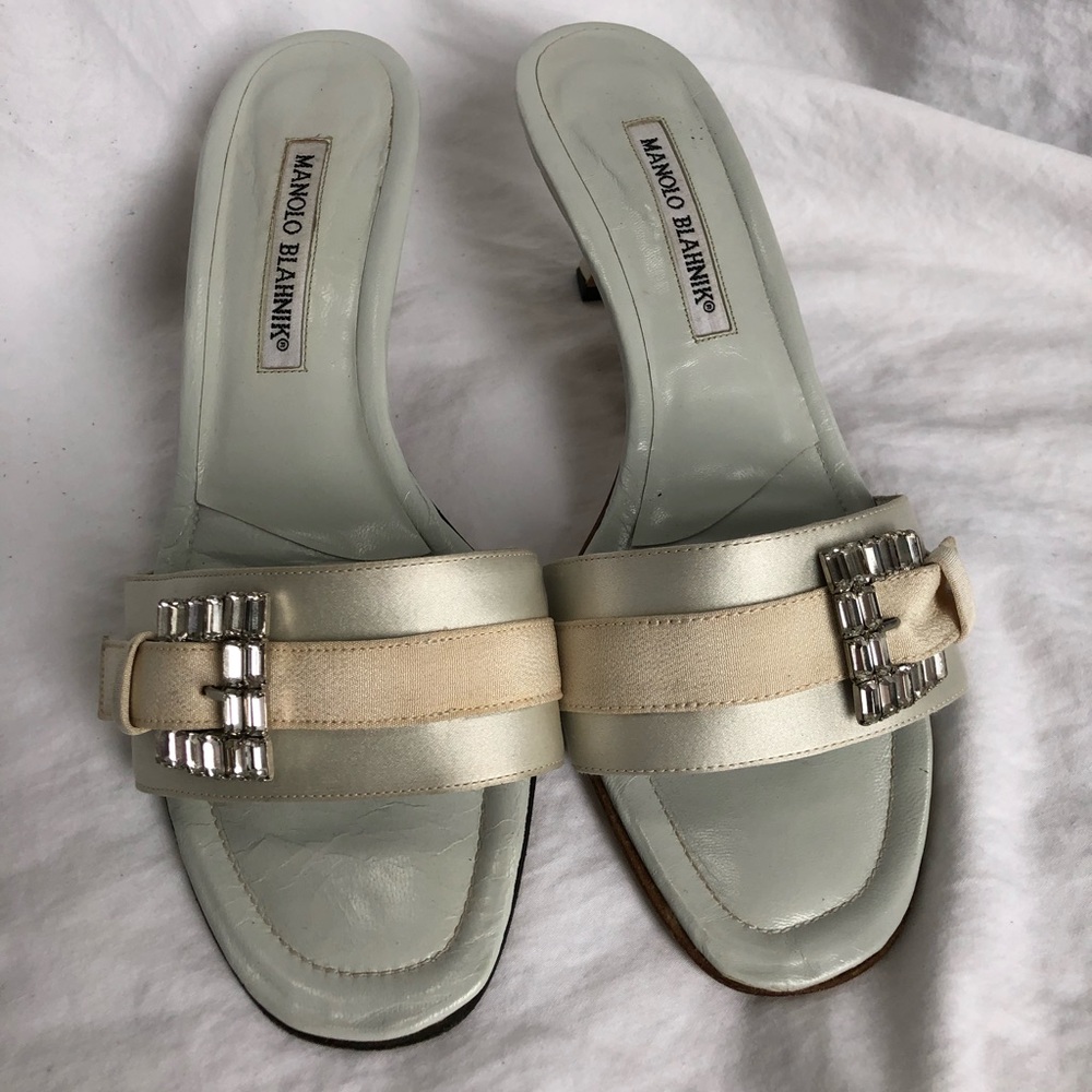 Manolo Blahnik powder blue satin slide on